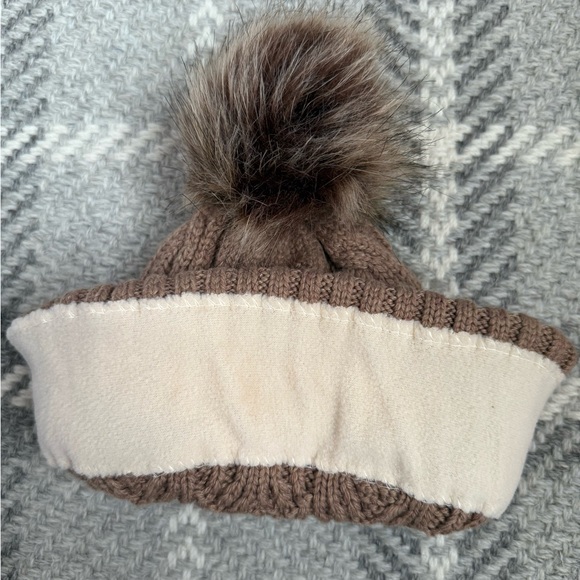 Echo Cable Knit Beanie with Faux Fur Pom, Tan - Picture 3 of 3